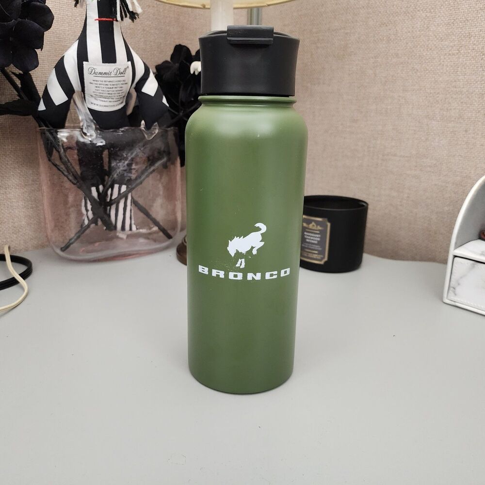 Ford Bronco Laser Etched Logo Water Bottle Stainless Steel Flask Green 32 oz